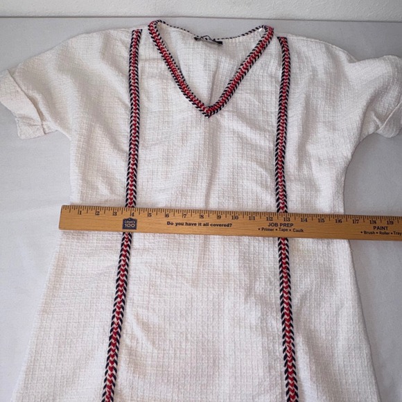 Zara TRF White Textured V-Neck Tunic Dress Braided Trim Red Navy Blue Small - Picture 5 of 10